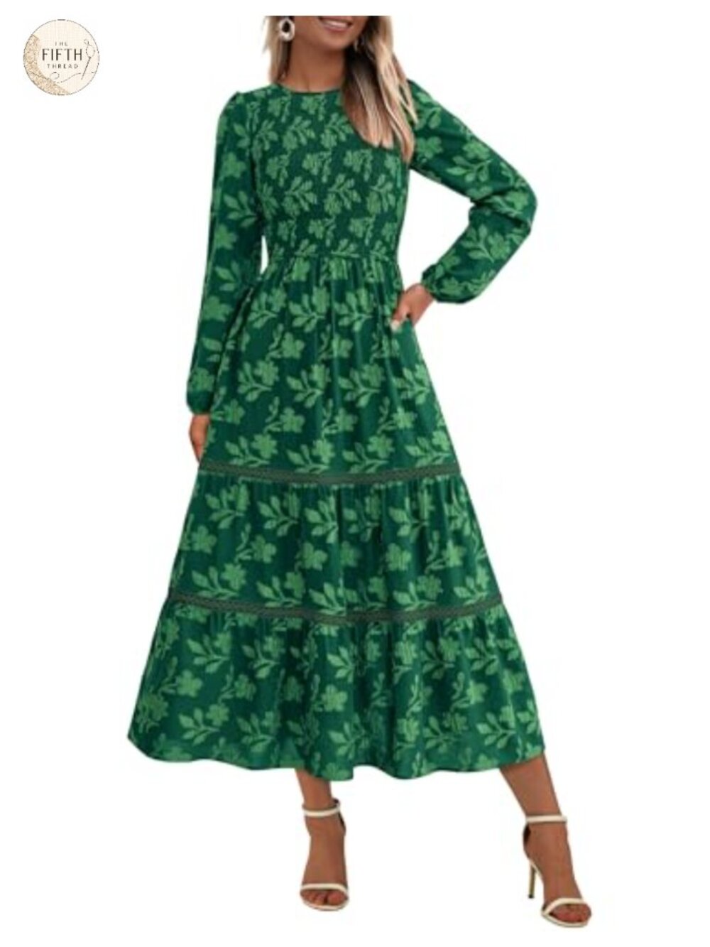 Boho Floral Fit & Flare Midi Dress with Puff Sleeves and Pockets